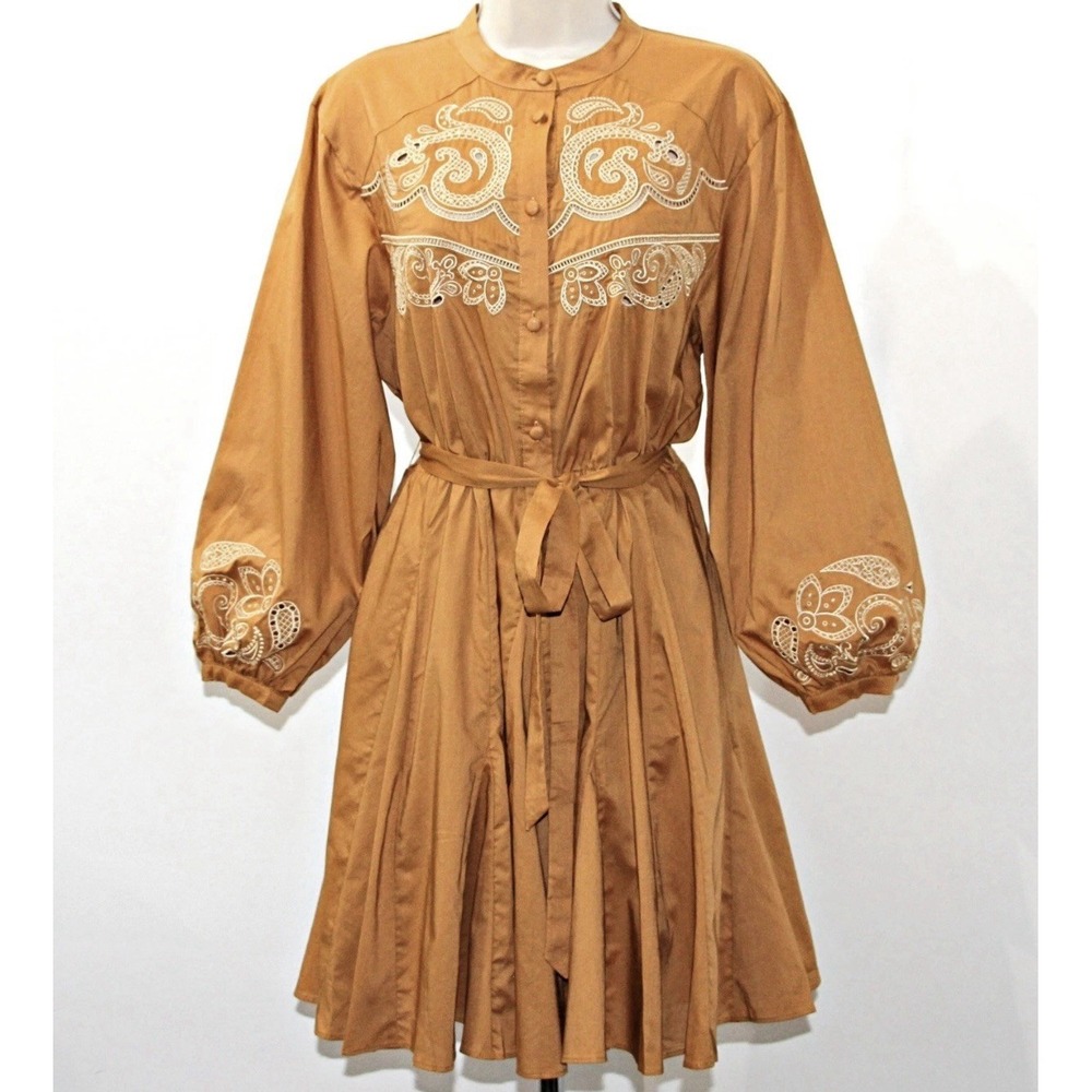 House of Harlow 1960 NWT Embroidered Puff Sleeve Belted Brown Mini Dress Western